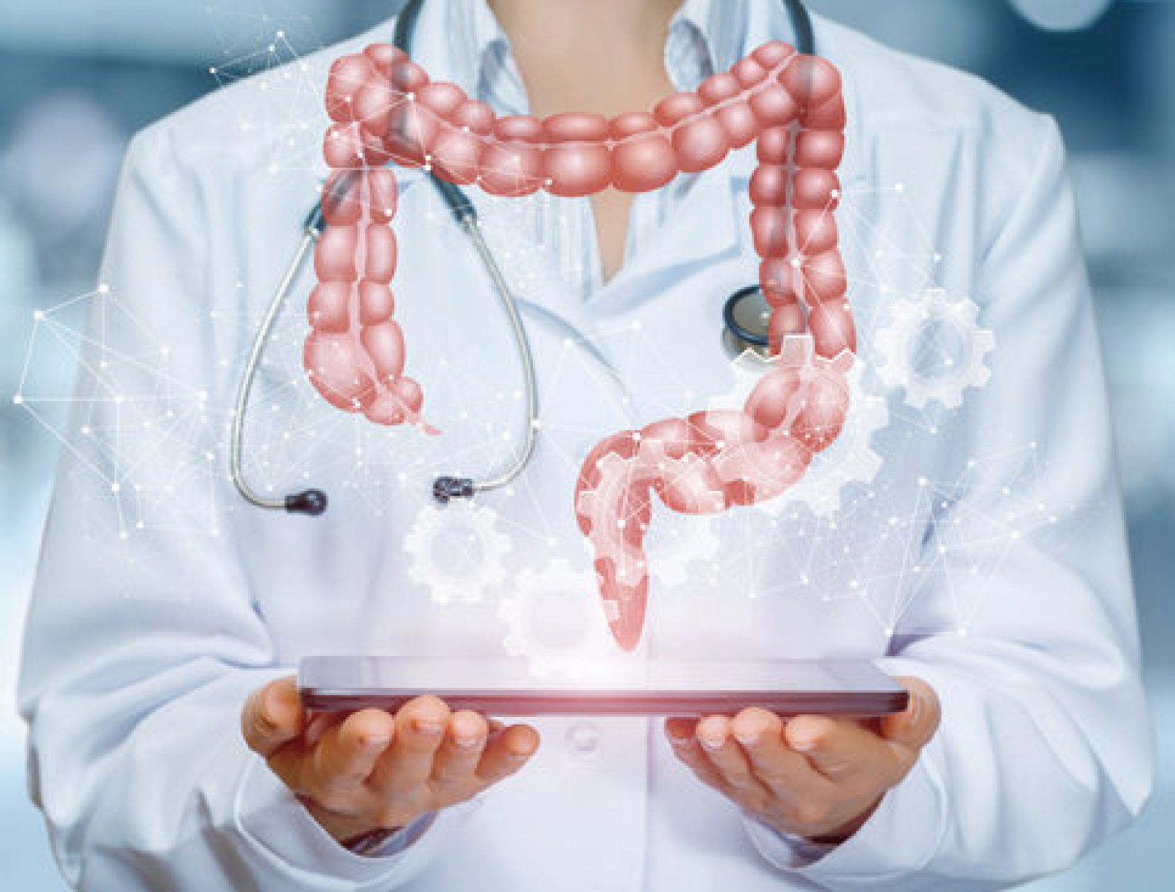 An intestines model is hanging above a device in doctor's hands at a hospital background. The concept is the professional internal organs treatment.